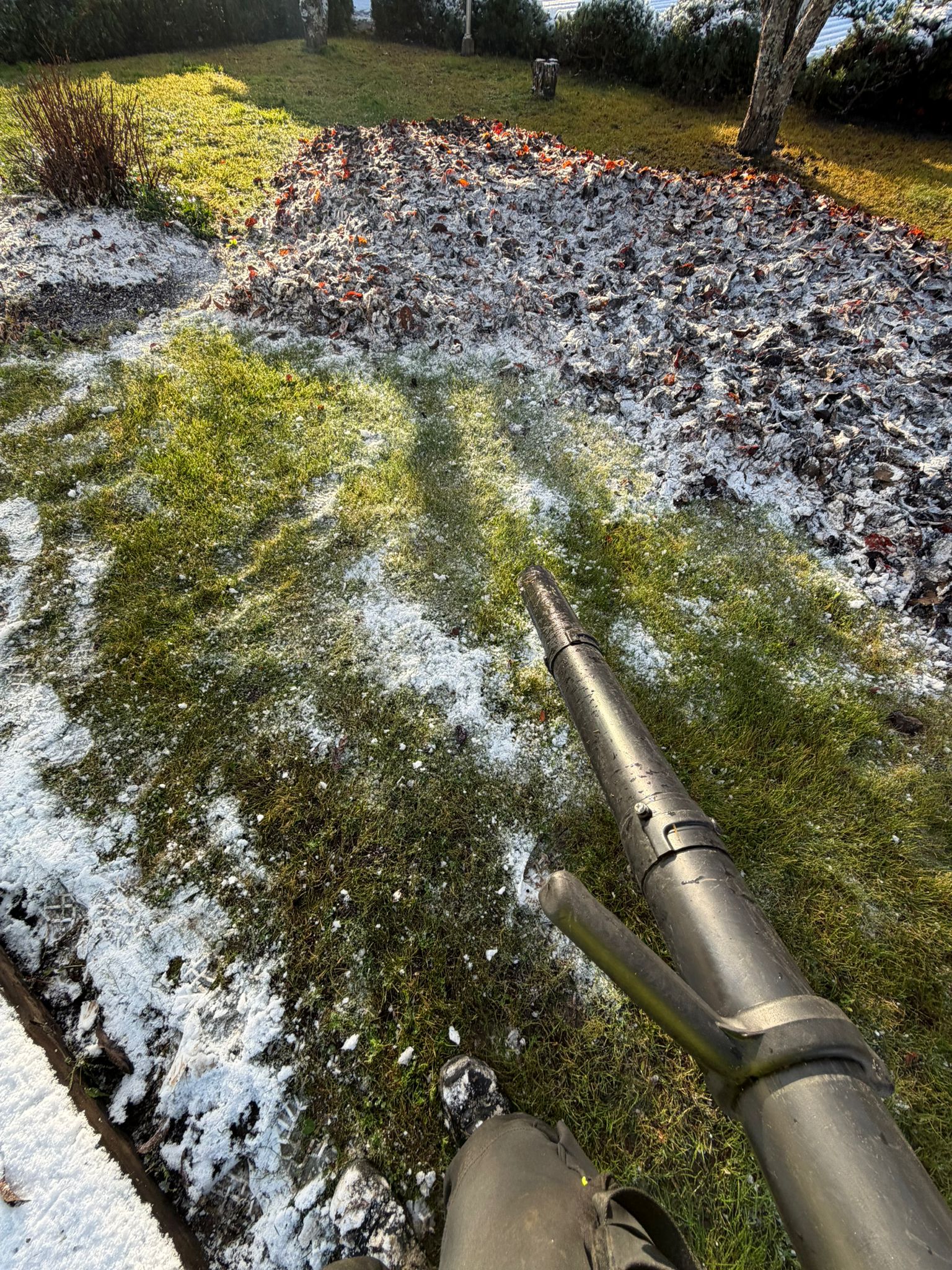 Lehtien puhallusta ja pois korjausta kevyen pakkasen kera